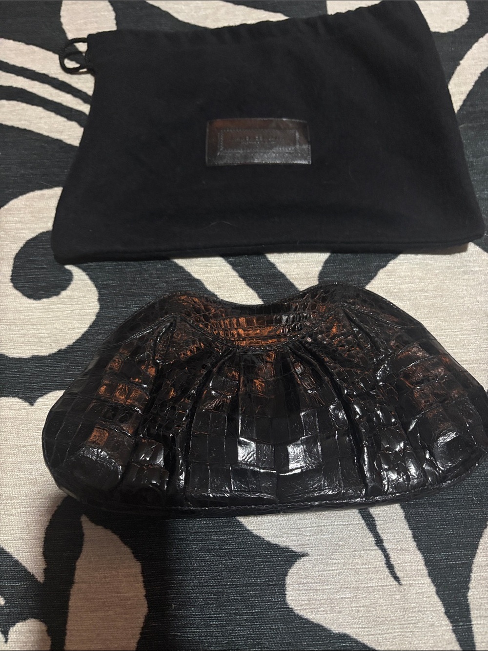Nancy Gonzalez Black Croc-Embossed Gathered Clutch